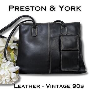 Preston & York Leather Shoulder Bag Black Plaid Lining Vintage 90s
